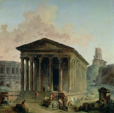 Die Maison Carrée mit dem Amphitheater und dem Tour Magne in Nîmes, 1786-87 von Hubert Robert